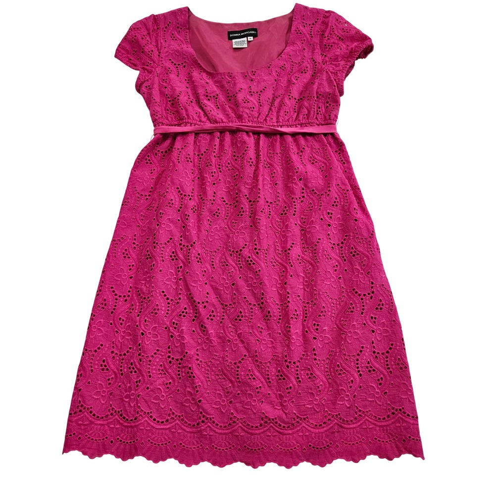 Donna Morgan VTG Hot Pink Preppy Eyelet Tie Waist Cap Sleeve Midi Dress Sz 10